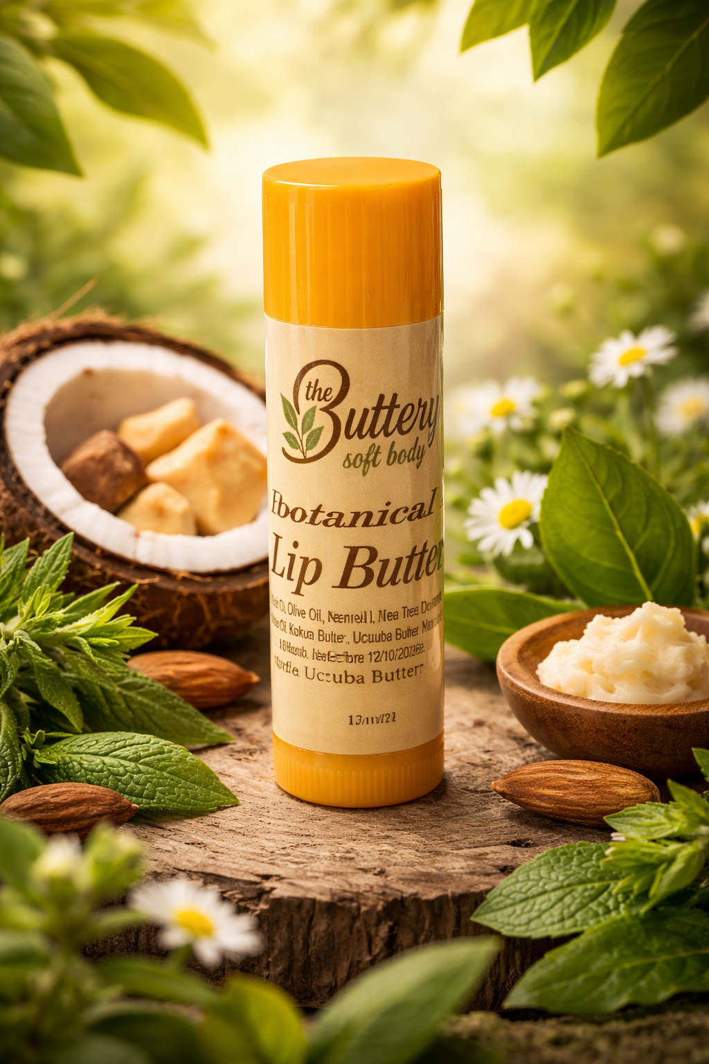 Buttery Botanical Lip Butter with coconut, almonds, and leaves on a wooden surface
