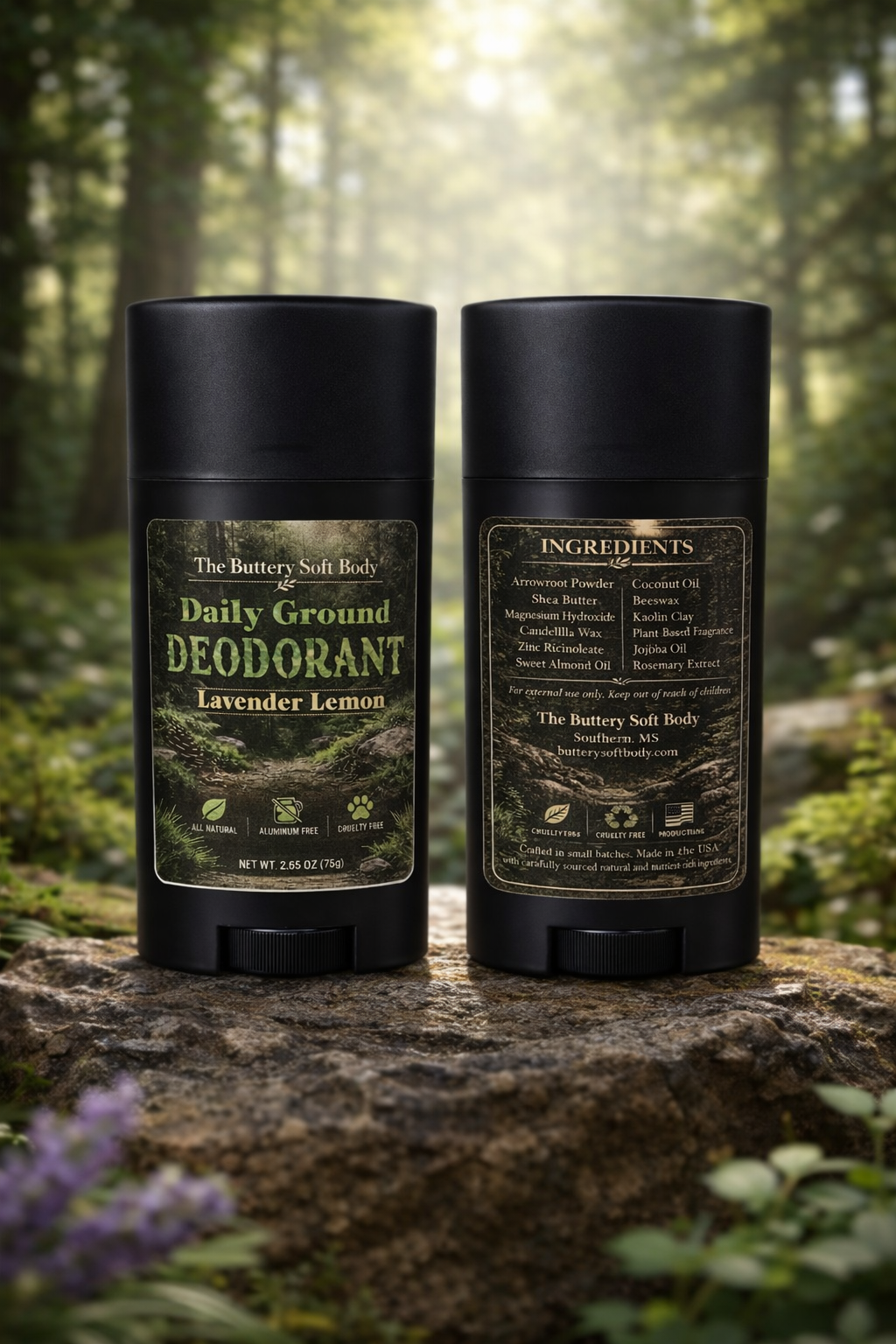 Two black deodorant sticks on a rock with a forest background