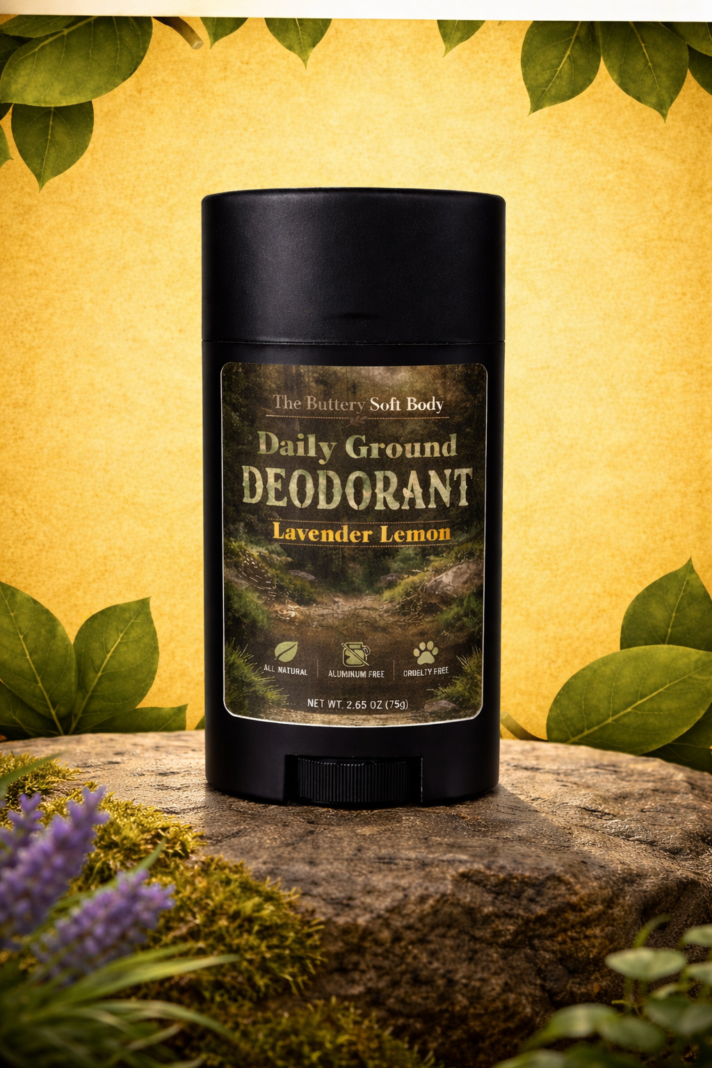 Deodorant stick labeled 'Daily Ground Deodorant Lavender Lemon' on a natural background with greenery.