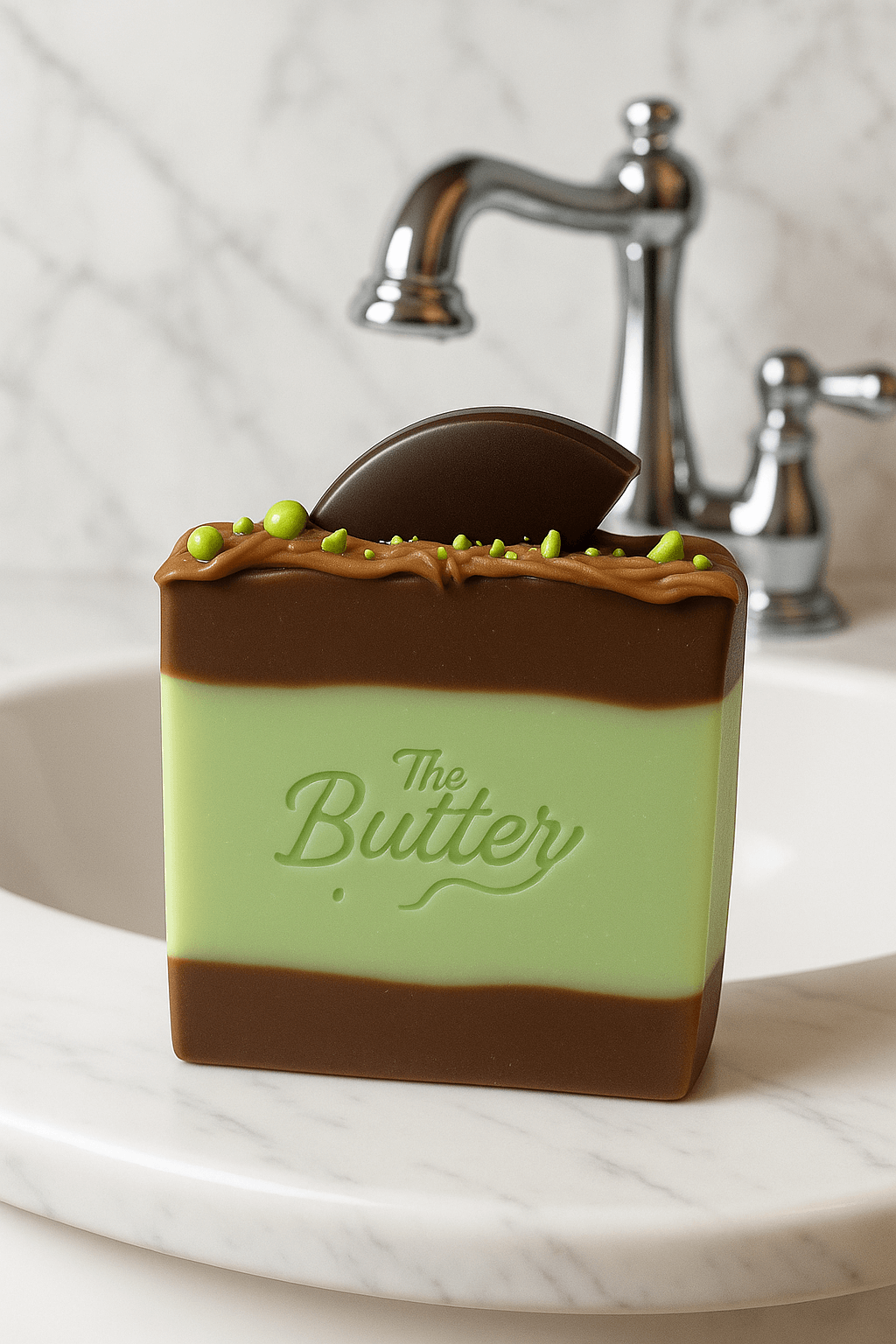 Mint handmade mint cocoa cream bar displayed beside a sink, showcasing its creamy layers and chocolate topping.