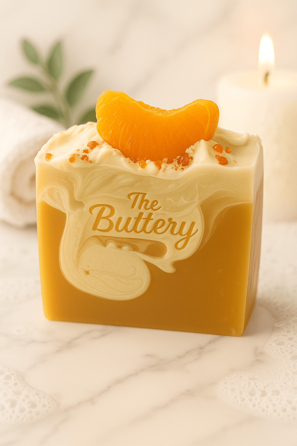 Fresh Squeezed Oranges Bath Bar with creamy texture and orange slice decoration, showcasing its luxurious appeal.