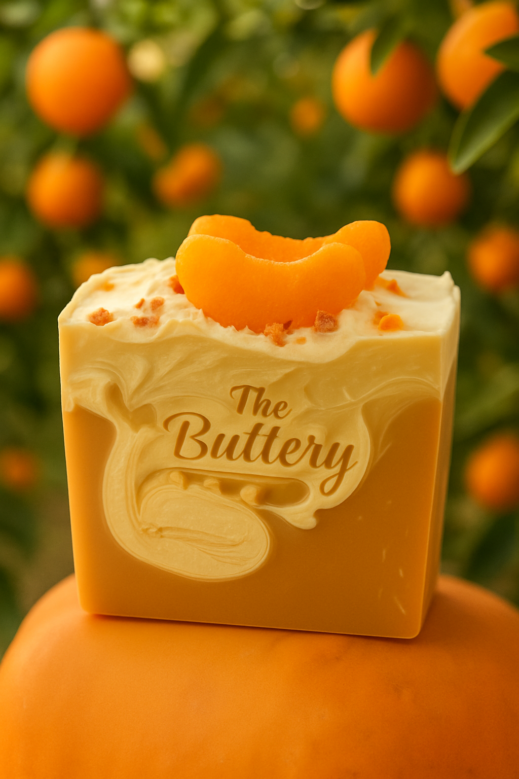 Fresh squeezed orange soap bar displayed in nature, surrounded by orange trees and ripe oranges.