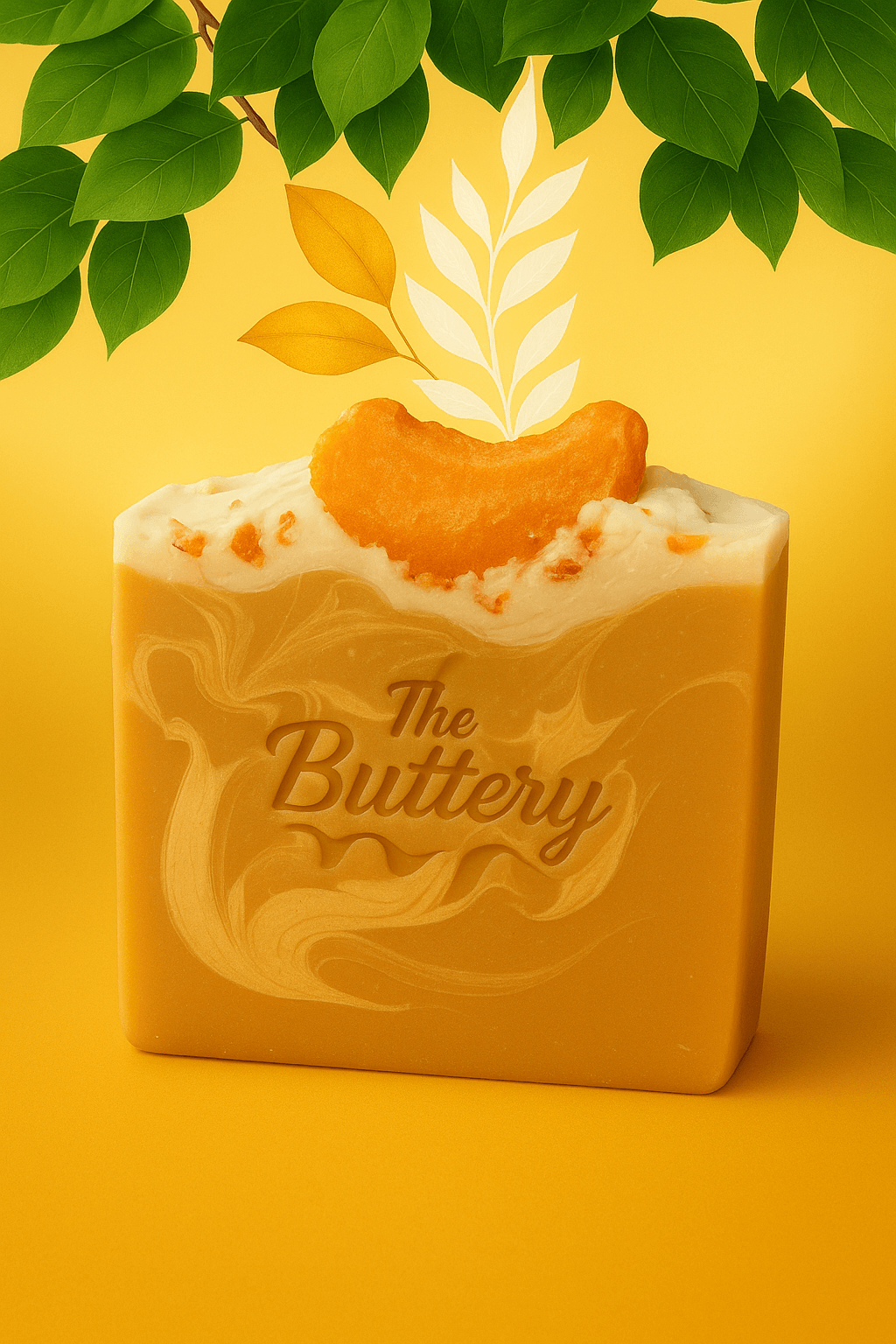 Fresh Squeezed Oranges Bath Bar with creamy texture and orange slice on top, set against a vibrant yellow background.