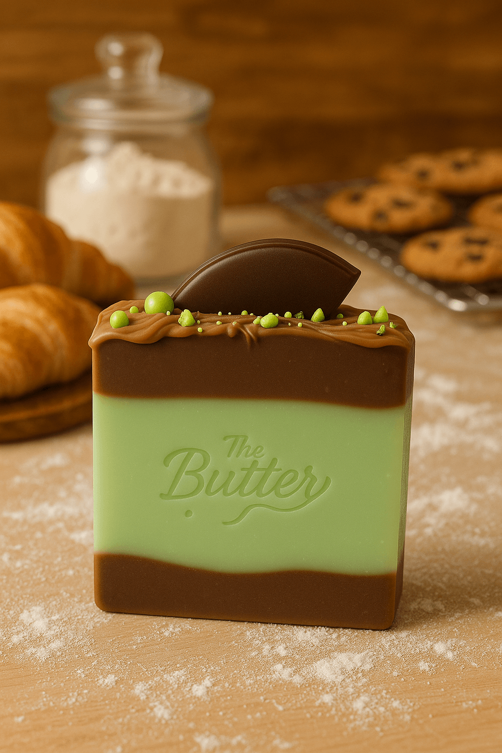 Mint handmade mint cocoa cream bar in a visually appealing display with chocolate and mint accents.