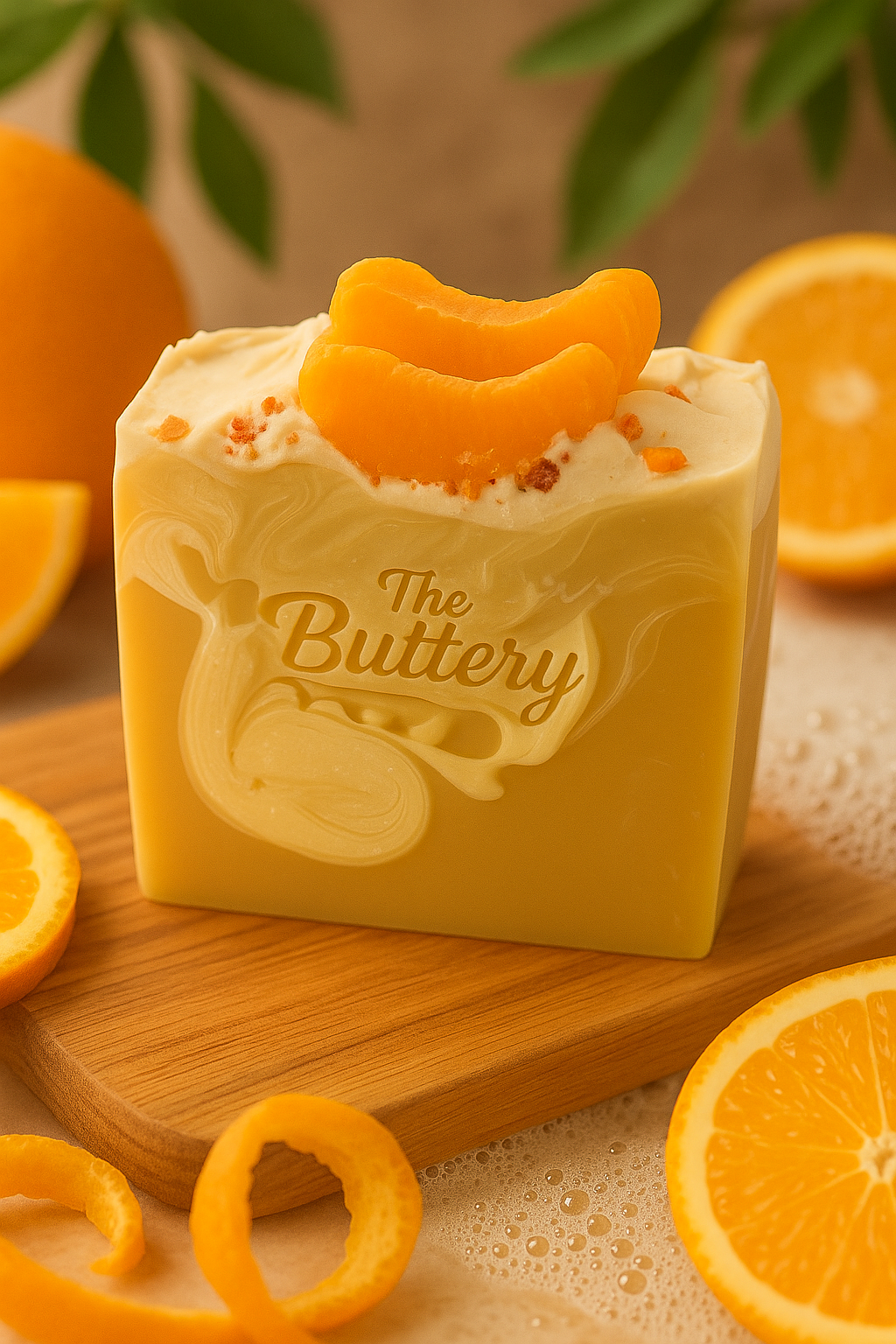 Fresh squeezed orange soap bar on wooden cutting board with orange slices and citrus garnish.