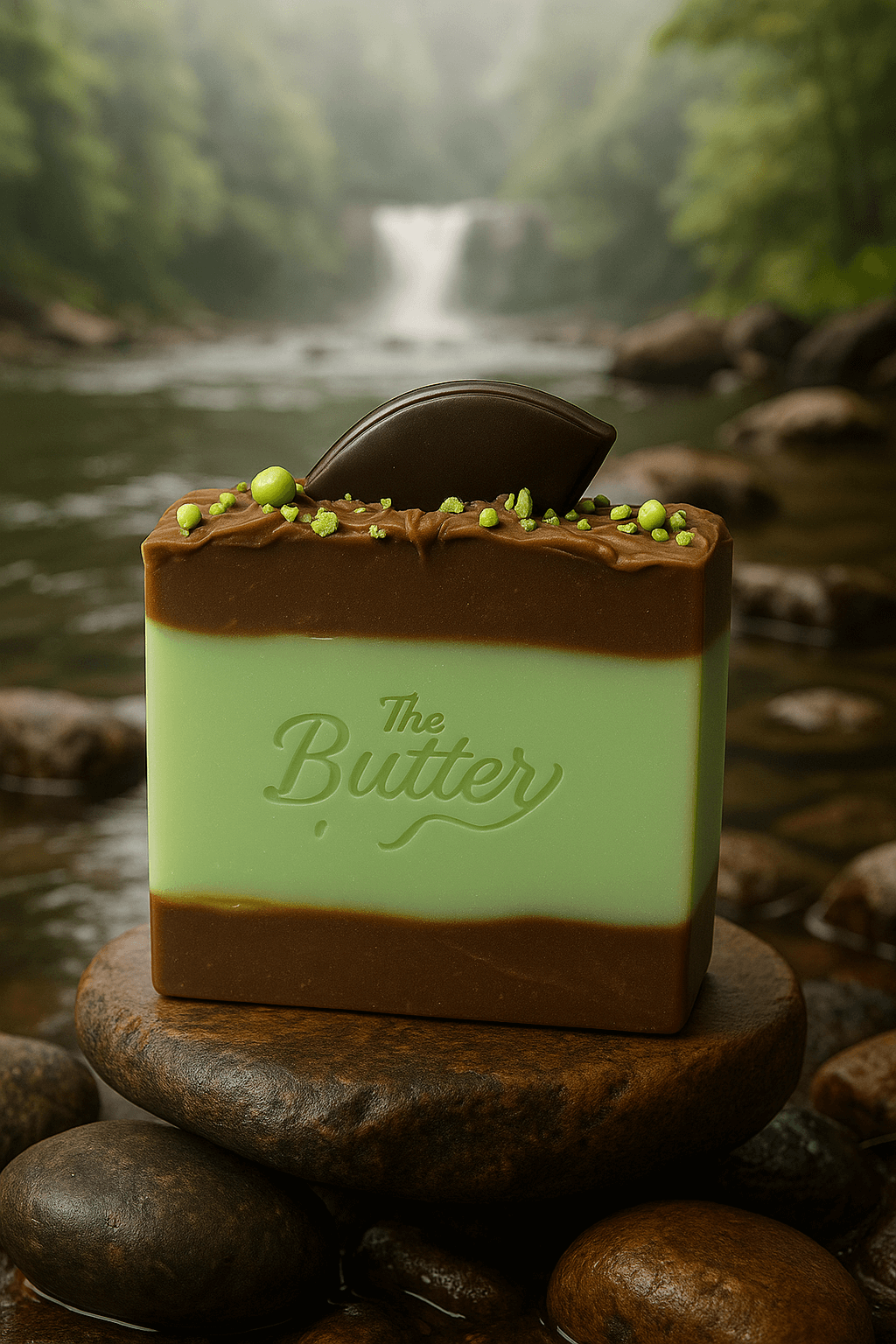 Mint handmade mint cocoa cream bar displayed on stones by a river, showcasing creamy chocolate and mint layers.