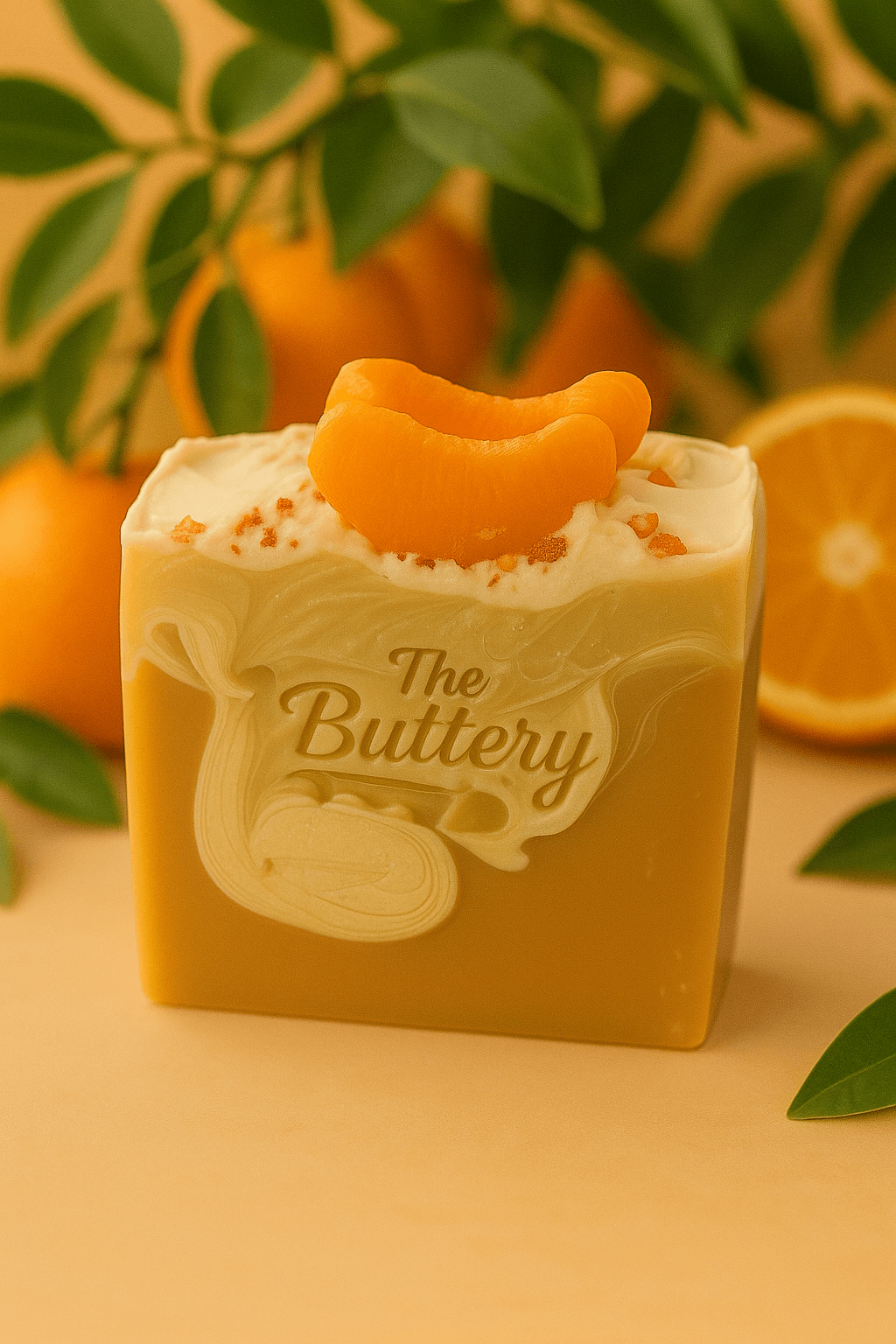 Fresh Squeezed Oranges Bath Bar with creamy texture and orange garnish, set against a natural background.